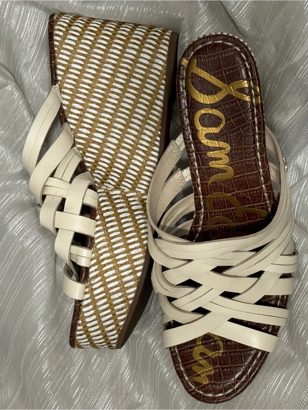 Sam Edelman Devon Wedge Sandals 9.5 Cream Strappy Woven Platform Like New